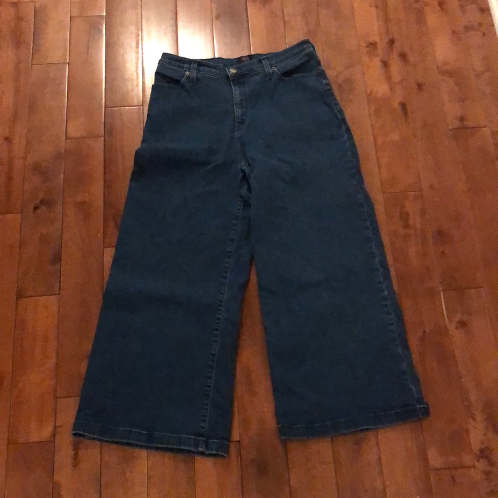 Iris Denim “Edge of Seventeen” wide-leg, high-waisted jeans.